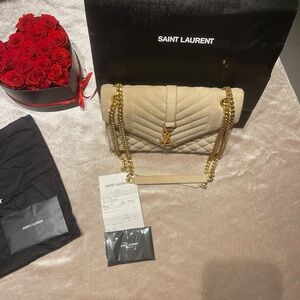 Saint Laurent Beige Shoulder Bag with Gold Chain